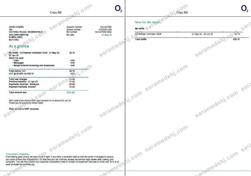 USA O2 utility bill template in Word and PDF formats, 2 pages, version 2